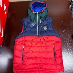 Polo Ralph Laure Mens Navy Red Downhill Skier Hooded Down Vest Jacket Size Small